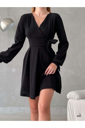 Beli Bağıcıklı Kruvaze Yaka Elbise -Black