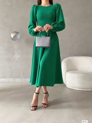 Valon Etekli Balon Kol Midiboy Elbise -Green