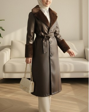Fur-lined, buttoned-front, belted leather coat -Dark Coffee