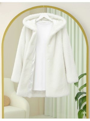Kapşonlu Önü Düğmeli Astarlı Peluş Kaban  -Beyaz