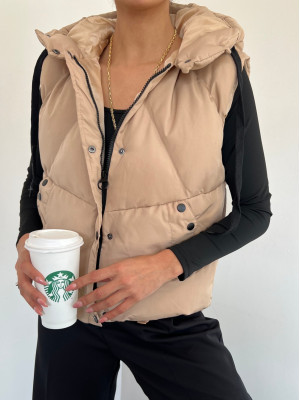 Sabit Kapşonlu Çıtçıtlı Fermuarlı Şişme Yelek -Taş