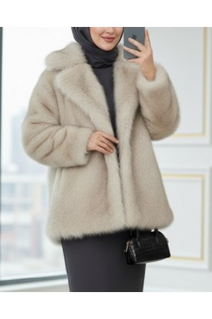 Kruvaze Saçaklı İçi Astarlı Tek Düğmeli Kürklü Kaban  -Vizon