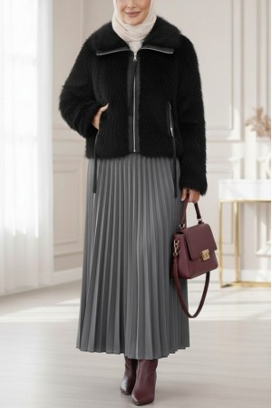 Deri Garnili İçi Astarlı Fermuarlı İp Detaylı Kürk Mont -Siyah