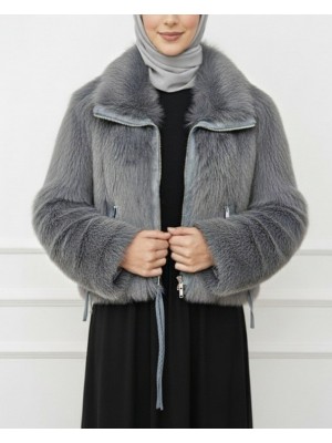 Deri Garnili İçi Astarlı Fermuarlı İp Detaylı Kürk Mont -Füme