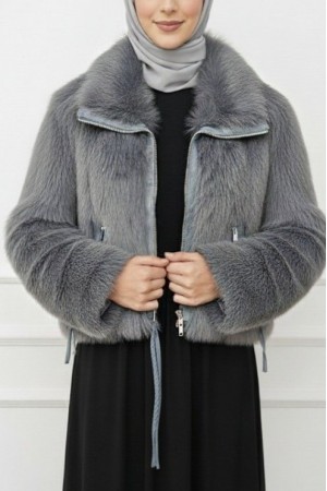 Deri Garnili İçi Astarlı Fermuarlı İp Detaylı Kürk Mont -Füme