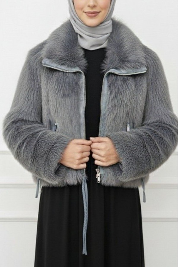 Leather  Garnished, Lined, Zippered, Rope Detailed Fur Coat -Smoked 
