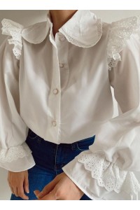 Omuzu Fırfırlı Fistolu Kolu Lastikli Düğmeli Gömlek -Beyaz