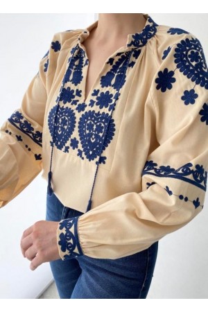 Kol Manşeti Nakışlı Yakası Bağcık Detaylı Bluz -Bej