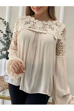 بلوزة كتان مطاطية بأكمام دانتيل -اللون البيج