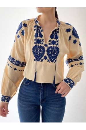 بلوزة قميص بأكمام بطيخ مطرزة بالزهور -اللون البيج