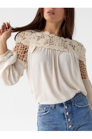 بلوزة كتان مطاطية بأكمام دانتيل -اللون البيج