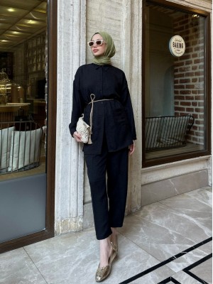 Hasır Kemerli Cepli Keten Takım -Siyah