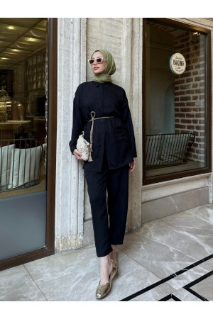 Hasır Kemerli Cepli Keten Takım -Siyah