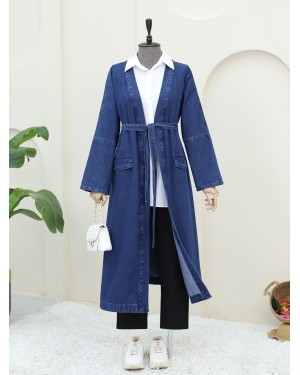 Belted Denim Coat with Pocket Detail -İndigo