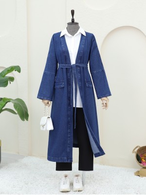 Cep Detaylı Kuşaklı Kot Kap -İndigo