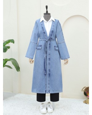Belted Denim Coat with Pocket Detail -Ice Blue