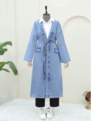 Cep Detaylı Kuşaklı Kot Kap -Buz Mavi