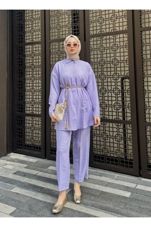 Hasır Kemerli Cepli Keten Takım -Lila