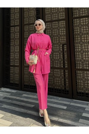 Hasır Kemerli Cepli Keten Takım -Fuşya
