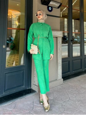 Hasır Kemerli Cepli Keten Takım -Yeşil