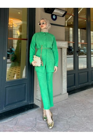 Hasır Kemerli Cepli Keten Takım -Yeşil