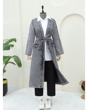 Belted Denim Coat with Pocket Detail -Smoked 