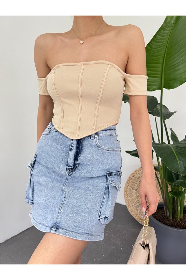 Sırt Fermuarlı Omuz Detaylı Korse Crop  -Bej