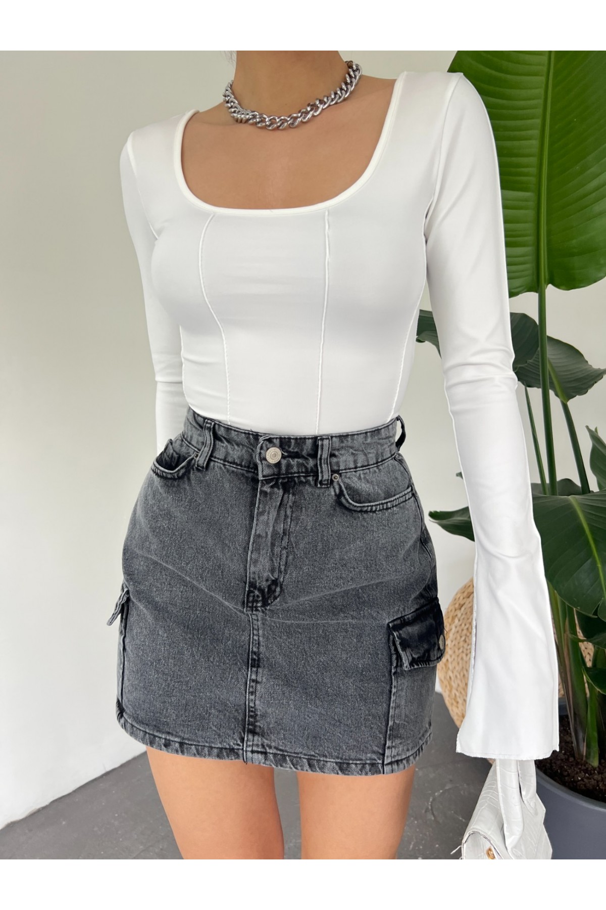 İspanyol Kol Bağcık Detaylı Crop Bluz -Beyaz