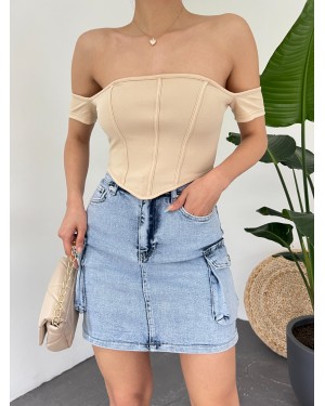 Sırt Fermuarlı Omuz Detaylı Korse Crop  -Bej
