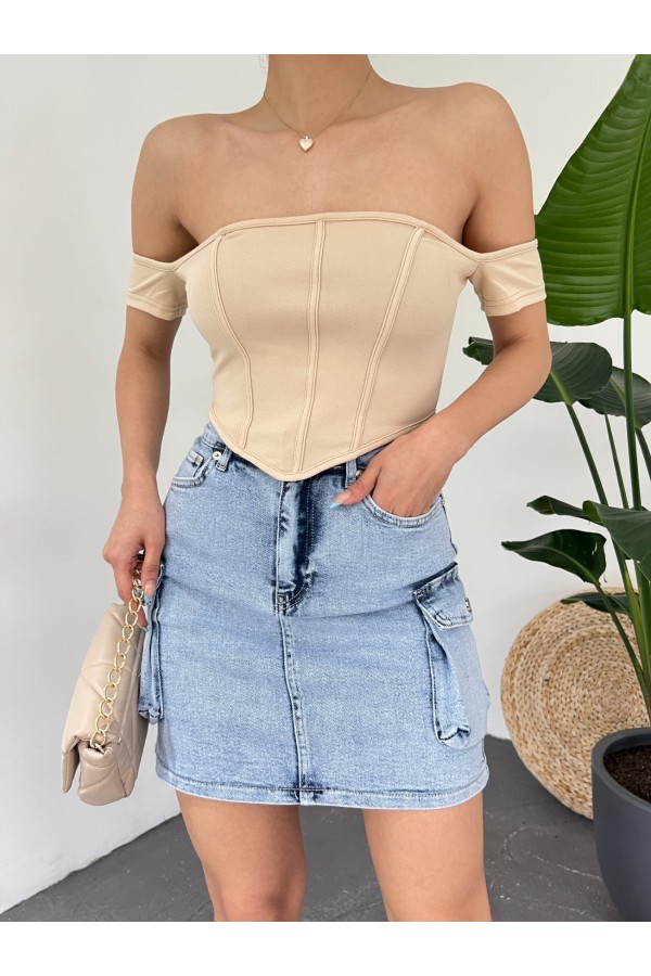Sırt Fermuarlı Omuz Detaylı Korse Crop  -Bej