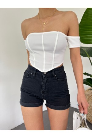 Sırt Fermuarlı Omuz Detaylı Korse Crop  -Beyaz