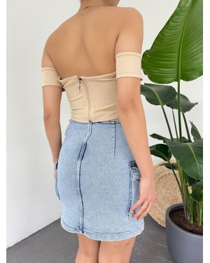 Sırt Fermuarlı Omuz Detaylı Korse Crop  -Bej