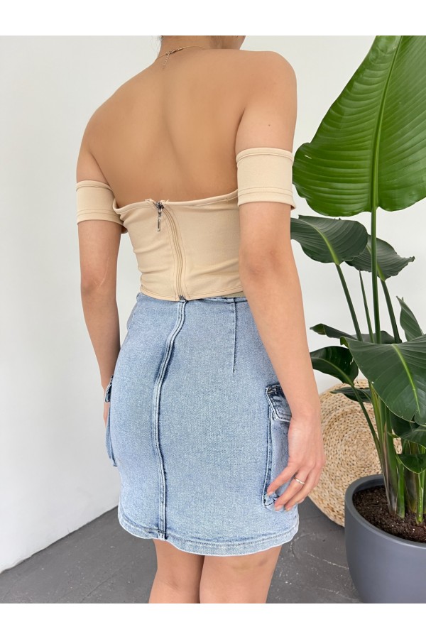 Sırt Fermuarlı Omuz Detaylı Korse Crop  -Bej