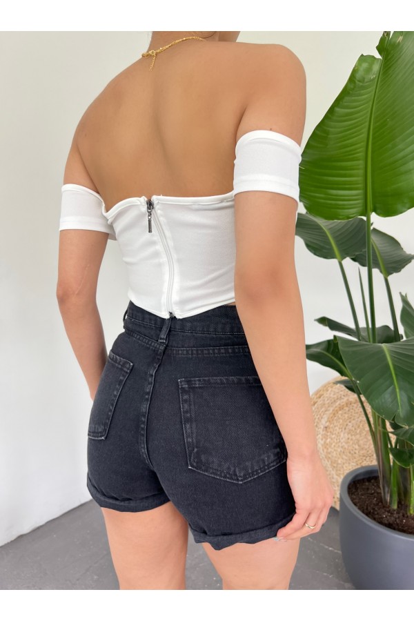 Sırt Fermuarlı Omuz Detaylı Korse Crop  -Beyaz