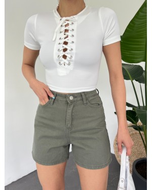 Kuş Gözü Detaylı Önü Bağlamalı Crop Tişort -Beyaz