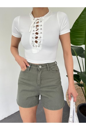 Kuş Gözü Detaylı Önü Bağlamalı Crop Tişort -Beyaz