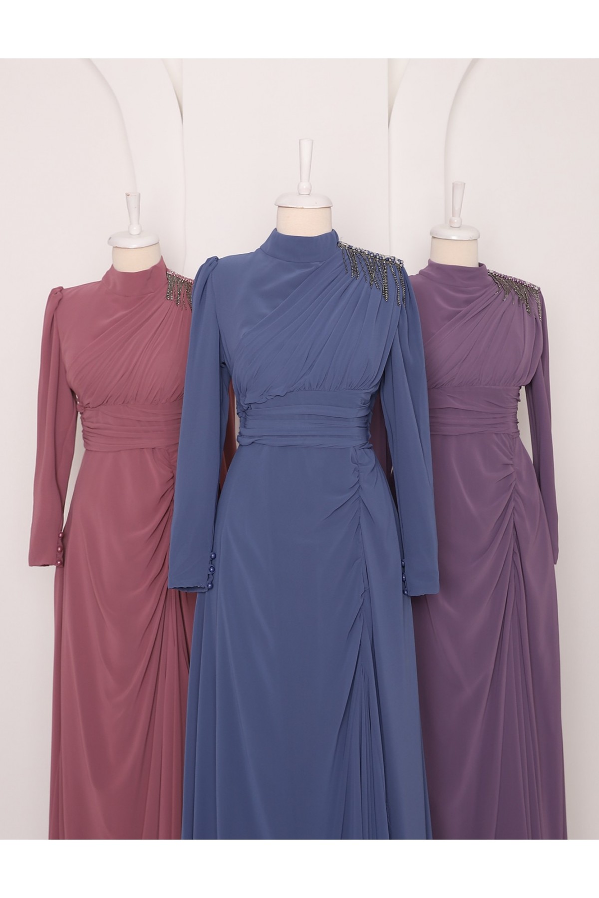 Off Shoulder Stone Tassel Draped Chiffon Evening Dress -Dried rose detay görseli
