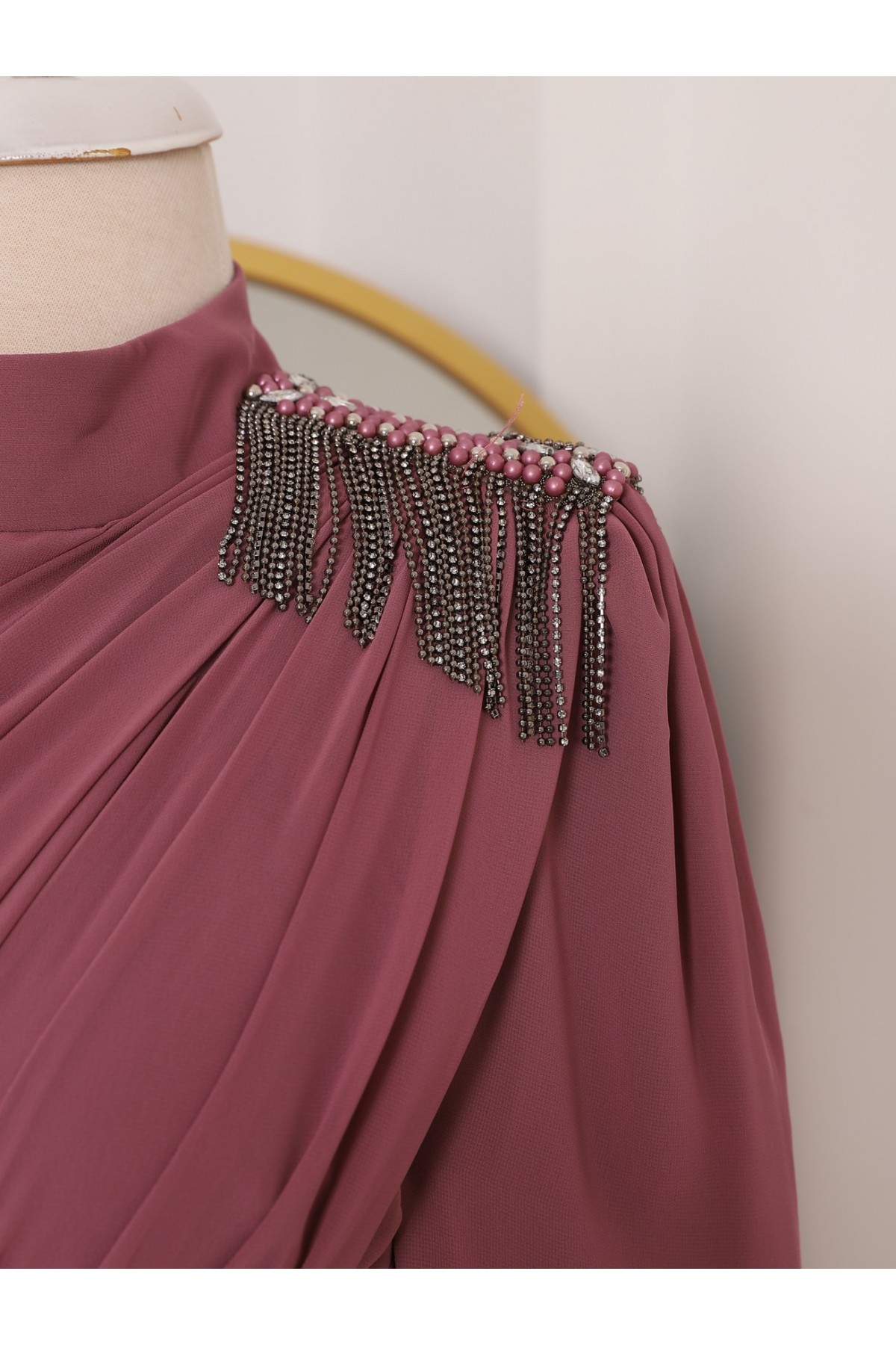 Off Shoulder Stone Tassel Draped Chiffon Evening Dress -Dried rose