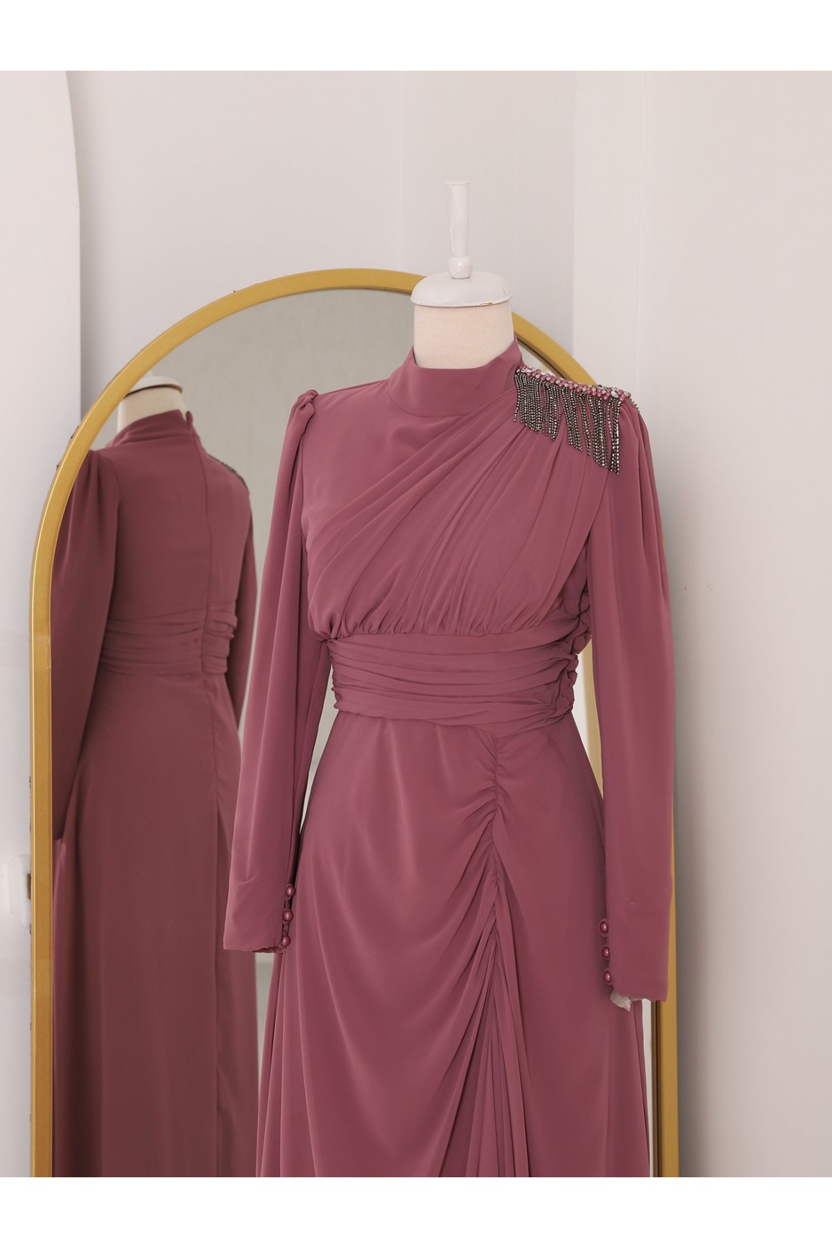 Off Shoulder Stone Tassel Draped Chiffon Evening Dress -Dried rose