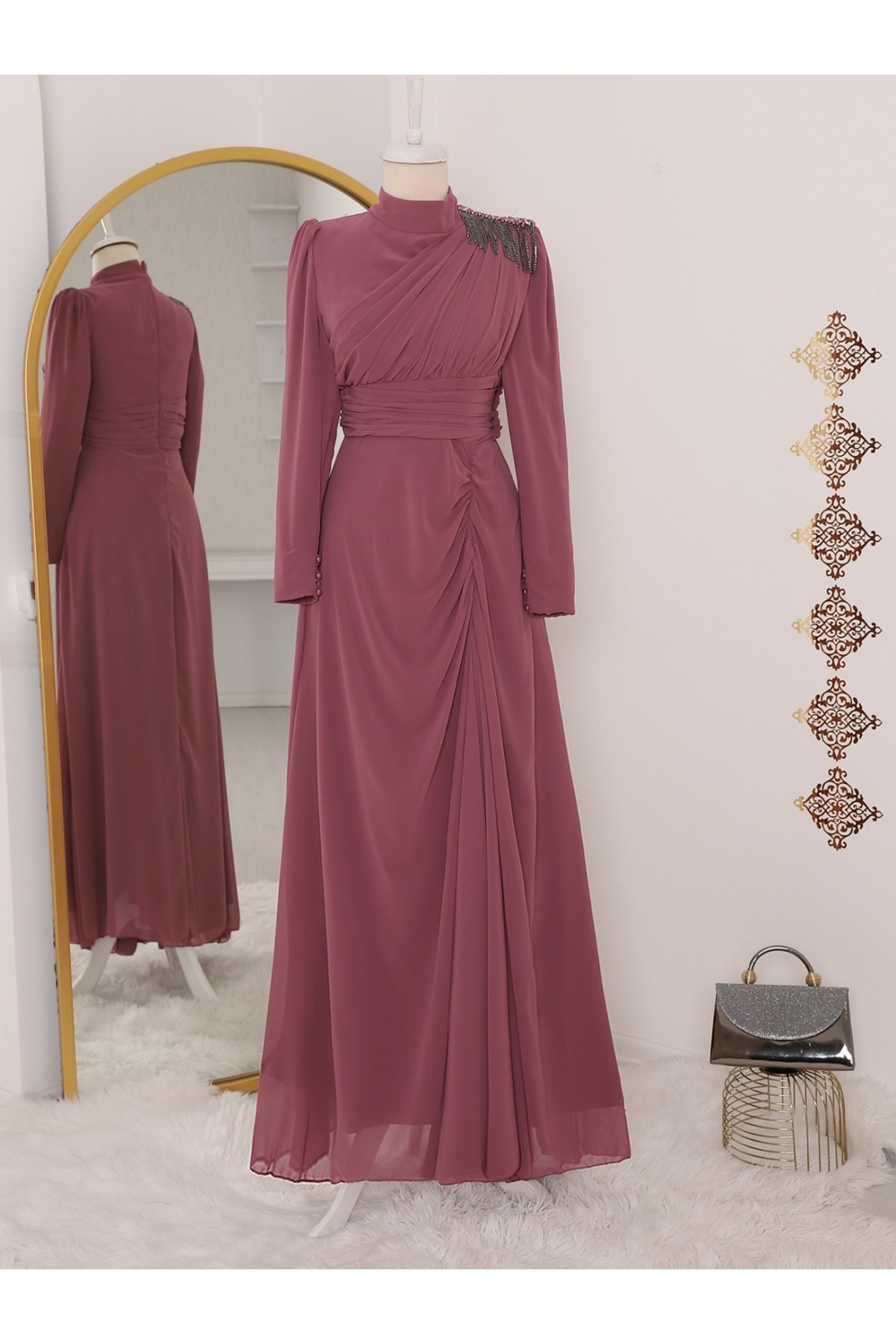 Off Shoulder Stone Tassel Draped Chiffon Evening Dress -Dried rose