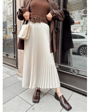 Pliseli Beli Lastikli Etek   -Açık Gri