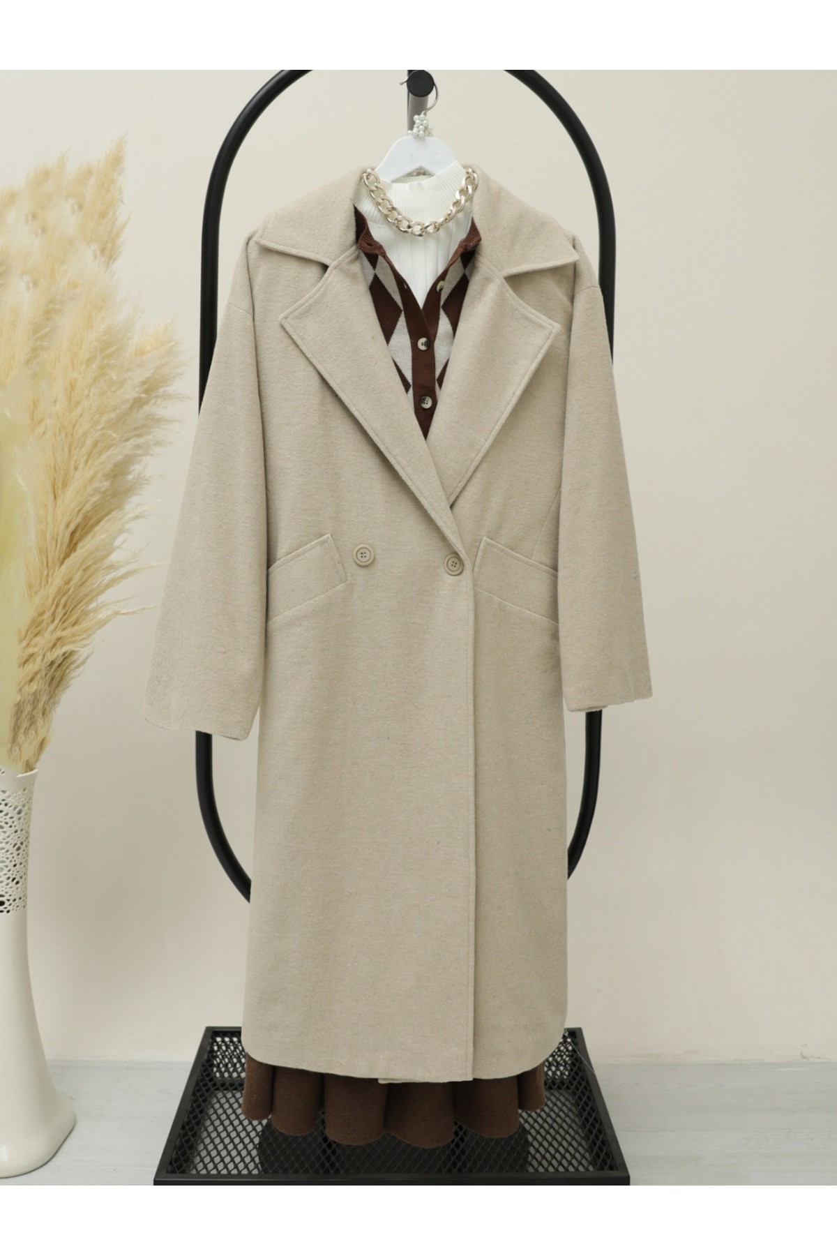 Oversize Torba Cepli Astarlı Kaşe Kaban -Taş