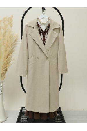 Oversize Torba Cepli Astarlı Kaşe Kaban -Taş