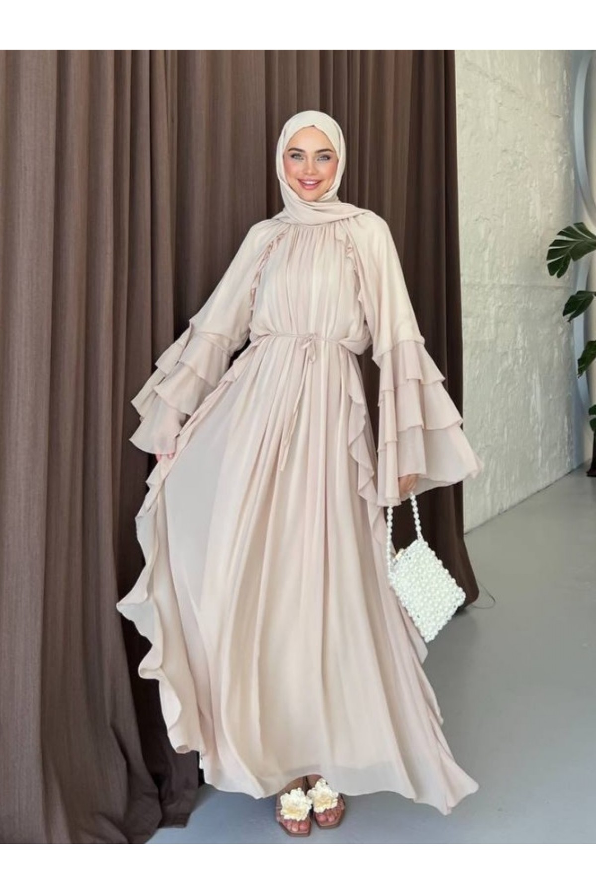 Lace-Up Chiffon Dress with Ruffled Sides and Flounced Sleeves - Beige