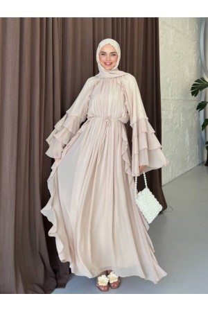 Lace-Up Chiffon Dress with Ruffled Sides and Flounced Sleeves - Beige