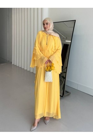 Lace-Up Chiffon Dress with Ruffled Sides and Flounced Sleeves -Yellow