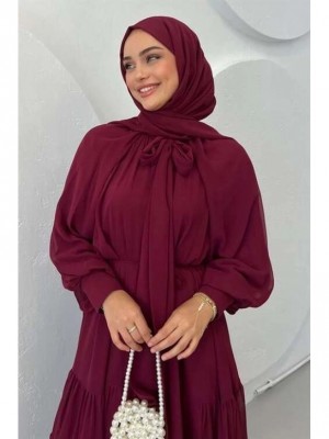 Yakası Fular Detaylı Eteği Parçalı Şifon Elbise -Bordo
