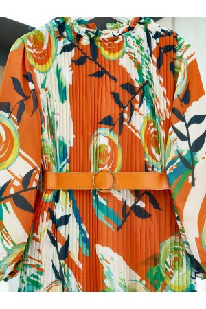 Front Pleated Belt Chiffon Dress -Orange