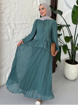 Yakası Fırfırlı Düğmeli Şifon Kraş Etekli Takım -Mint