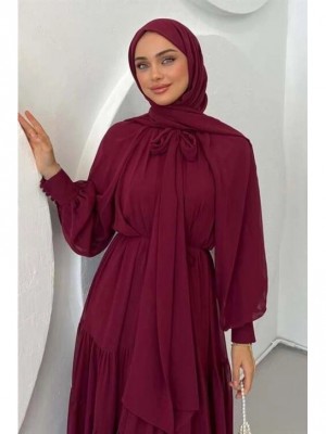 Yakası Fular Detaylı Eteği Parçalı Şifon Elbise -Bordo